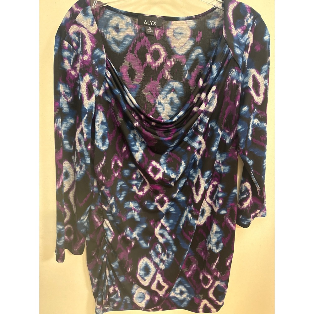 Alyx Womens XL Purple Blue Abstract Ikat Print Cowl Neck Ruched 3/4 Sleeve Top